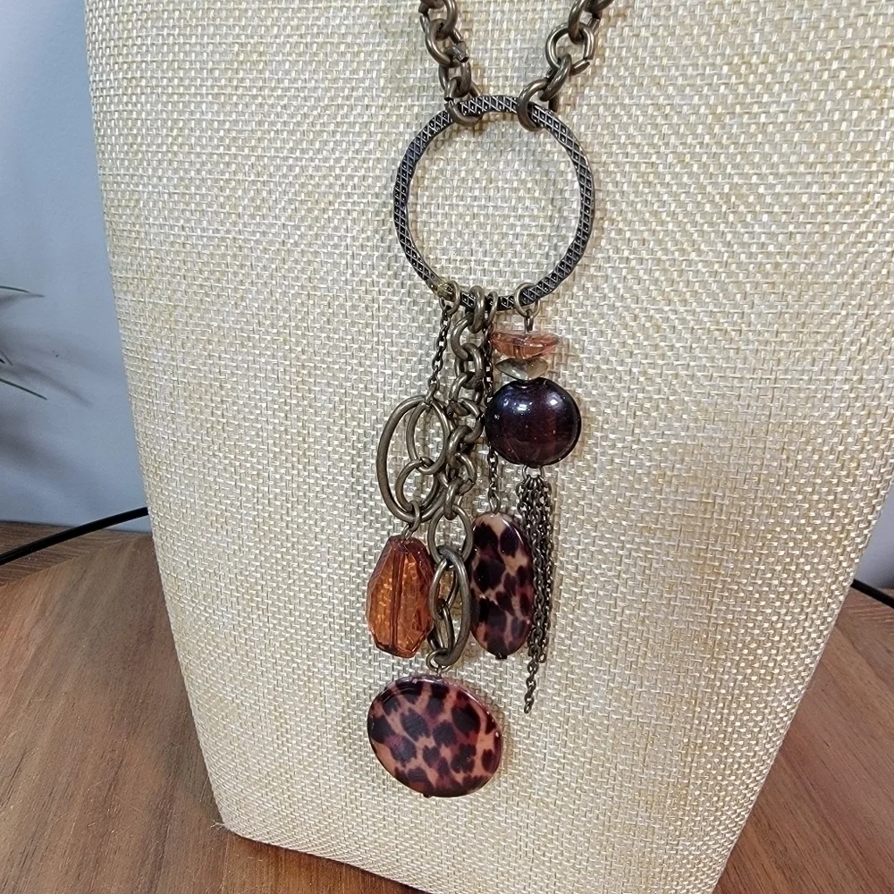 Antique Bronze Metal Statement Necklace with Amber beads and Chain Tassels Boho